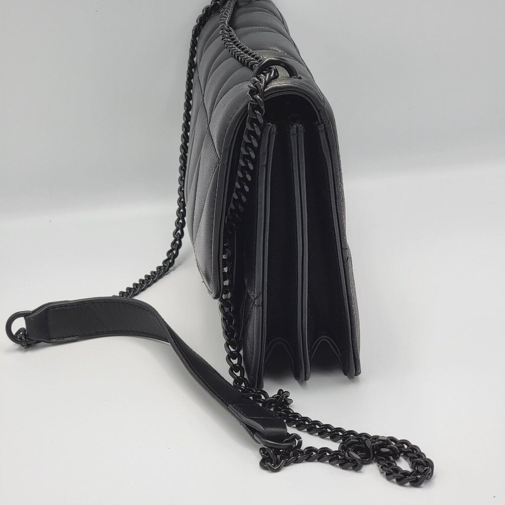 Black Quilted Genuine Leather Crossbody Bag With Chain Strap & Magnetic Closure - Picture 2 of 12